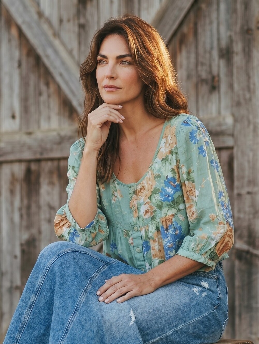 April Cornell Sage Green Floral Scoop-Neck Blouse